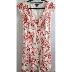 Banana Republic Linen Blend Floral Dress Size 8 Coral Pink Button Front Smocked